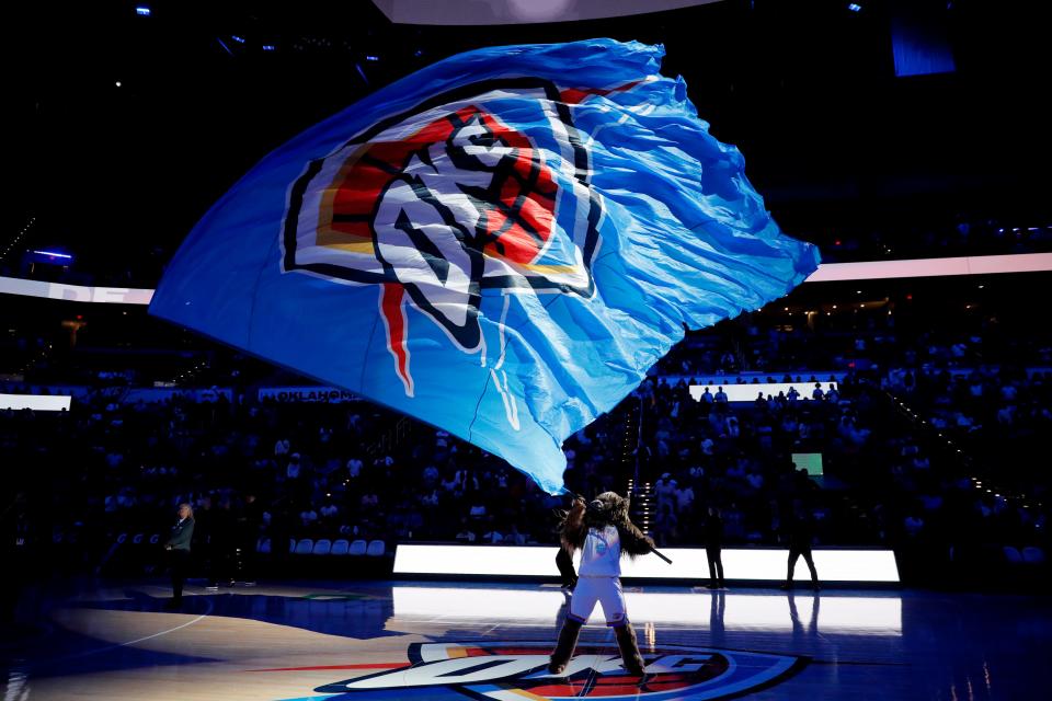 Rumble waves a Thunder flag before an Oct. 9 an NBA preseason game between the Oklahoma City Thunder and the San Antonio Spurs at Paycom Center in Oklahoma City.