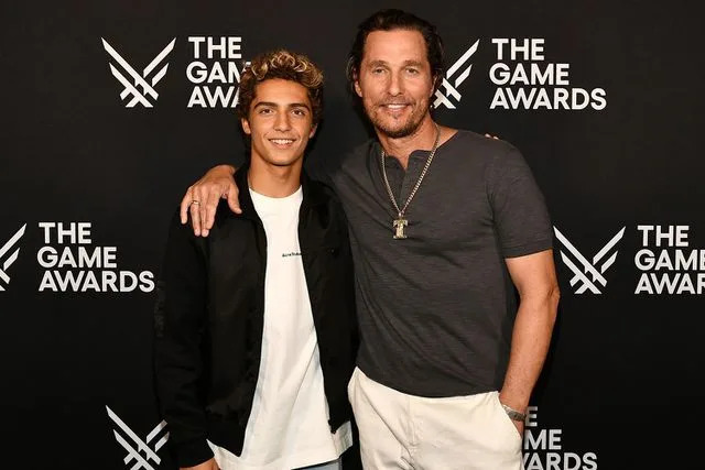 <p>Scott Kirkland/Picturegroup/Shutterstock </p> Levi Alves McConaughey and Matthew McConaughey at The Game Awards 2023