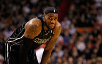 MIAMI, FL - JANUARY 19: LeBron James #6 of the Miami Heat looks on during a game against the Los Angeles Lakers at American Airlines Arena on January 19, 2012 in Miami, Florida. NOTE TO USER: User expressly acknowledges and agrees that, by downloading and/or using this Photograph, User is consenting to the terms and conditions of the Getty Images License Agreement. (Photo by Mike Ehrmann/Getty Images)