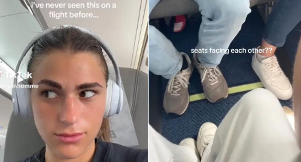 Woman Megan Homme on plane in seat facing other passengers. 