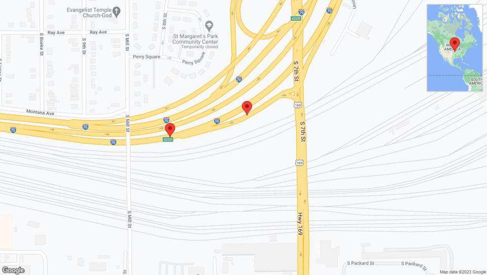 A detailed map that shows the affected road due to 'Broken down vehicle on northbound US-69 in Kansas City' on December 16th at 2:31 p.m.