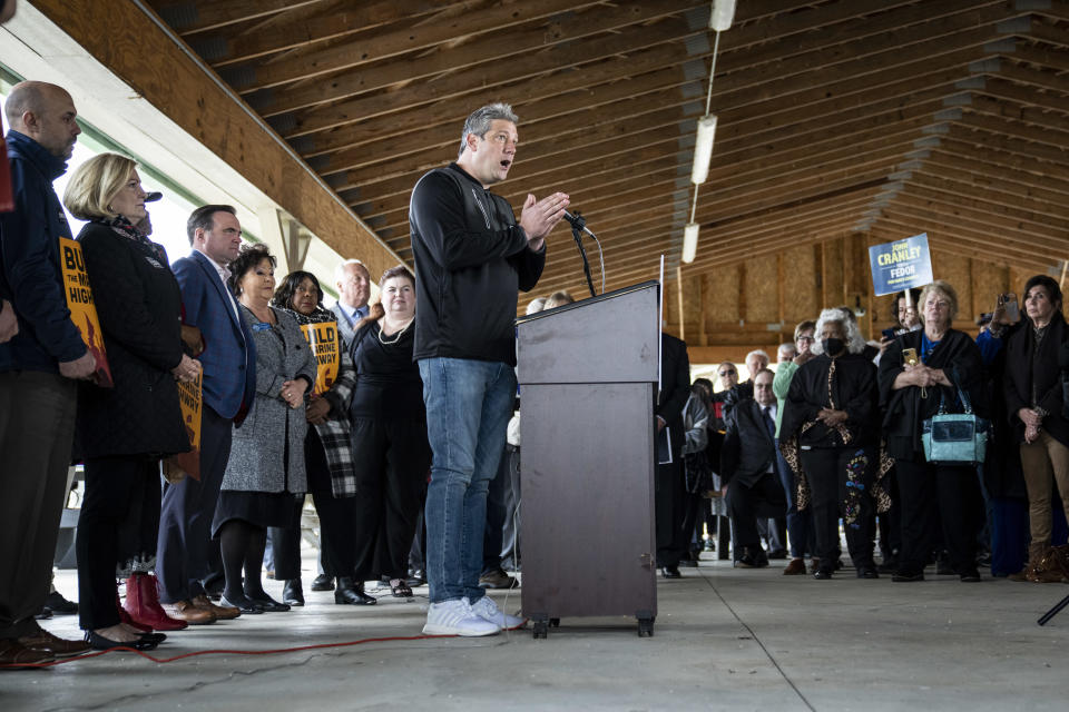 U.S. Rep. Tim Ryan (D-OH), Democratic candidate for U.S. Senate in Ohio, speaks during a rally in support of the Bartlett Maritime project, a proposal to build a submarine service facility for the U.S. Navy, on May 2, 2022 in Lorain, Ohio. T / Credit: Drew Angerer / Getty Images