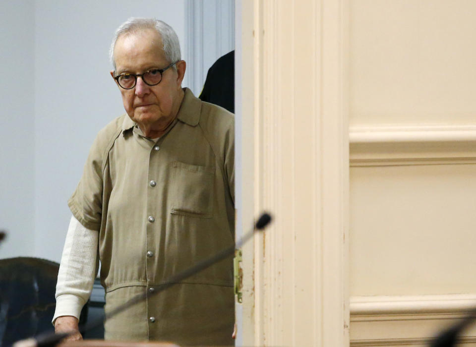 Former priest Ronald Paquin arrives for sentencing York County Superior Court, Friday, May 23, 2019, in Alfred, Maine. The defrocked Massachusetts priest was convicted for sexually abusing an altar boy years ago. Paquin spent more than 10 years in a prison in Massachusetts for sexually abusing another altar boy in that state. (AP Photo/Robert F. Bukaty)