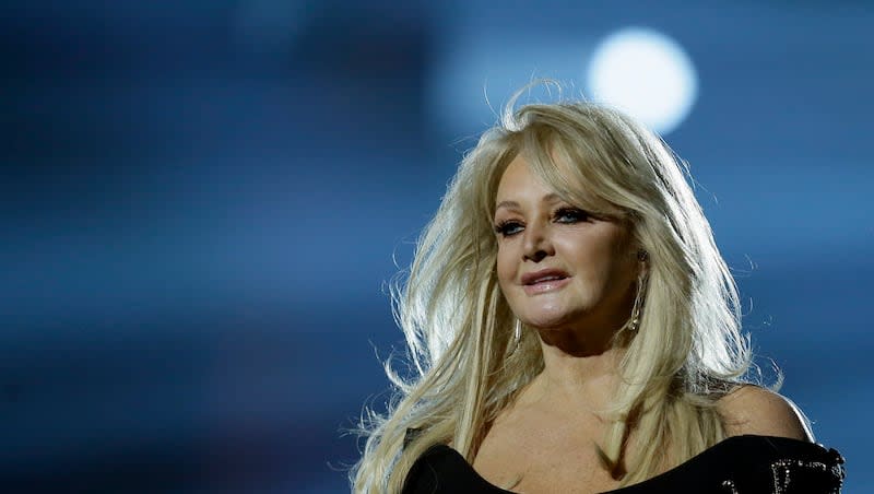 In this May 17, 2013, file photo, Bonnie Tyler performs her song "Believe in Me" during a rehearsal for the final of the Eurovision Song Contest at the Malmo Arena in Malmo, Sweden. Tyler's hit “Total Eclipse of the Heart” has become the definitive solar eclipse viewing song.