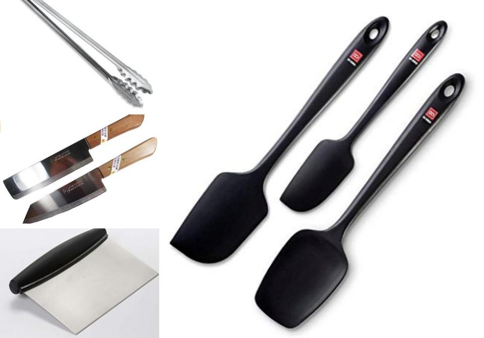 From right, clockwise: Silicone spatulas, bench scraper, chef's knives, tongs. (Photo: HuffPost)