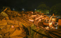 Debris after a five-story building is seen after it collapsed as rescue workers search for survivors continue in Mahad of Raigad district in the western state of Maharashtra, India on August 24, 2020. (Photo by Imtiyaz Shaikh/Anadolu Agency via Getty Images)