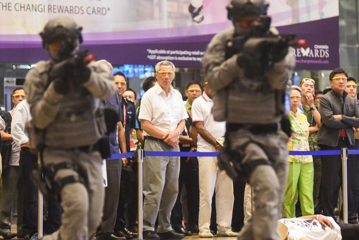 Prime Minister Lee Hsien Loong looking on during the counter terrorism exercise Northstar at Changi Airport Terminal 3 on 17 October, 2017. Photo: Stefanus Ian