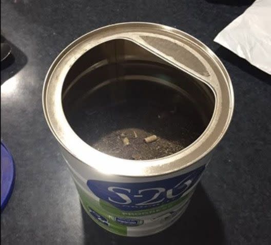 Stuart Stirling opened a tin of baby formula to find it packed with dirt and chicken pellets. Source: Facebook.