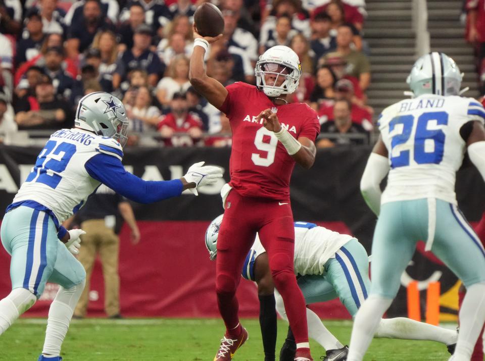 Arizona Cardinals quarterback <a class="link " href="https://sports.yahoo.com/nfl/players/30248" data-i13n="sec:content-canvas;subsec:anchor_text;elm:context_link" data-ylk="slk:Joshua Dobbs;sec:content-canvas;subsec:anchor_text;elm:context_link;itc:0">Joshua Dobbs</a> (9) throws the ball against the <a class="link " href="https://sports.yahoo.com/nfl/teams/dallas/" data-i13n="sec:content-canvas;subsec:anchor_text;elm:context_link" data-ylk="slk:Dallas Cowboys;sec:content-canvas;subsec:anchor_text;elm:context_link;itc:0">Dallas Cowboys</a> at State Farm Stadium in Glendale on Set. 24, 2023.