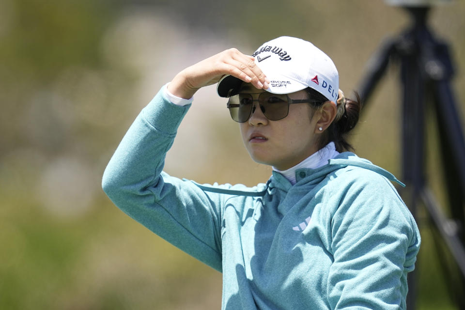 Rose Zhang watches her tee shot on the fourth hole during the third round of the U.S. Women's Open golf tournament at the Pebble Beach Golf Links, Saturday, July 8, 2023, in Pebble Beach, Calif. (AP Photo/Darron Cummings)