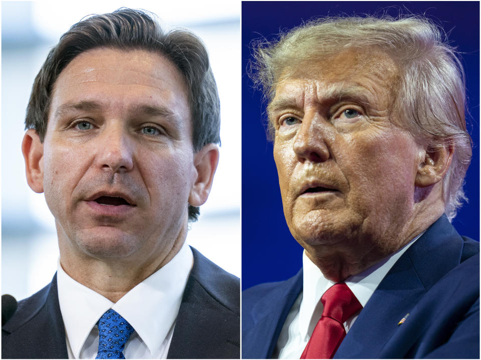 This combination of photos shows Florida Gov. Ron DeSantis speaking on April 21, 2023, in Oxon Hill, Md., left, and former President Donald Trump speaking on March 4, 2023, at National Harbor in Oxon Hill, Md. Trump and DeSantis are set to hold dueling campaign events in New Hampshire on June 27. (AP Photo/Alex Brandon)