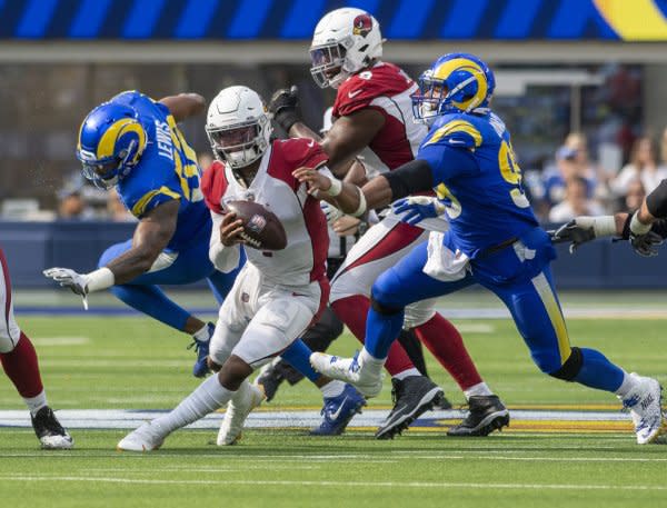 Quarterback Kyler Murray (C) and the Arizona Cardinals will face the Houston Texans on Sunday in Houston. File Photo by Michael Goulding/UPI