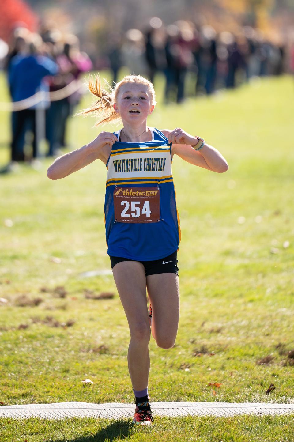 Whitinsville Christian's Abby Flagg takes first in Division 2 at the Central Mass. XC Championships on Saturday at Gardner Municipal Golf Course.