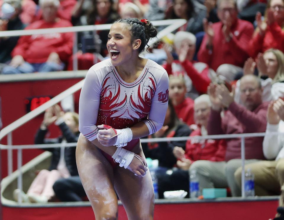 Utah Red Rocks gymnast Amelie Morgan competes on the bars against ASU in Salt Lake City on Friday, Jan. 26, 2024. | Jeffrey D. Allred, Deseret News