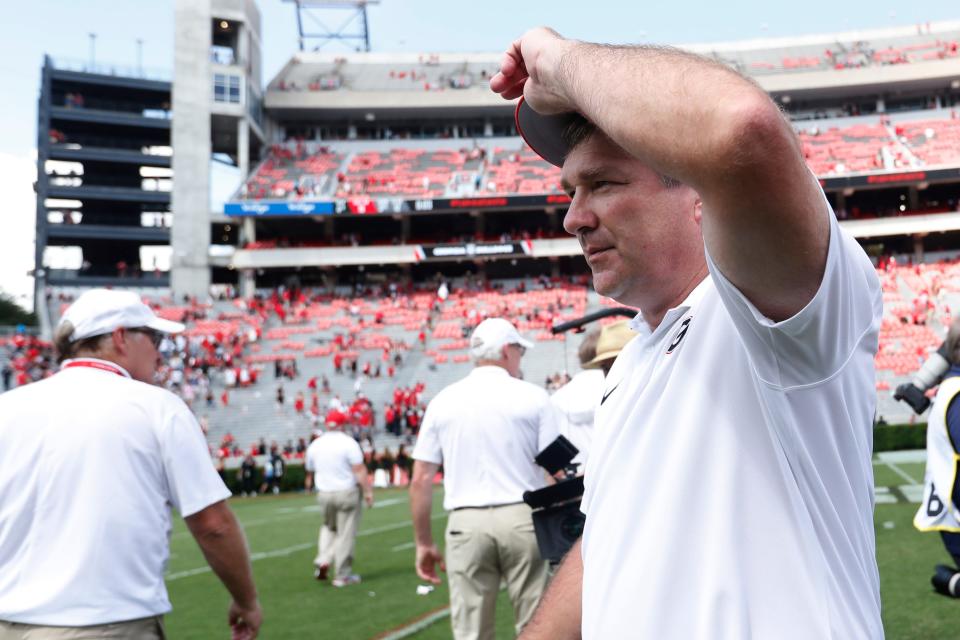 Georgia coach Kirby Smart heads to the locker room after a NCAA college football game against <a class="link " href="https://sports.yahoo.com/ncaaw/teams/ball-st/" data-i13n="sec:content-canvas;subsec:anchor_text;elm:context_link" data-ylk="slk:Ball State;sec:content-canvas;subsec:anchor_text;elm:context_link;itc:0">Ball State</a> in Athens, Ga., on Saturday, Sept. 9, 2023. Georgia won 45-3.