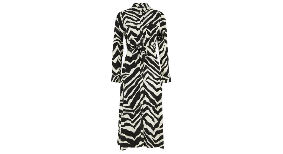 Zebra Print Belted Midi Shirt Dress