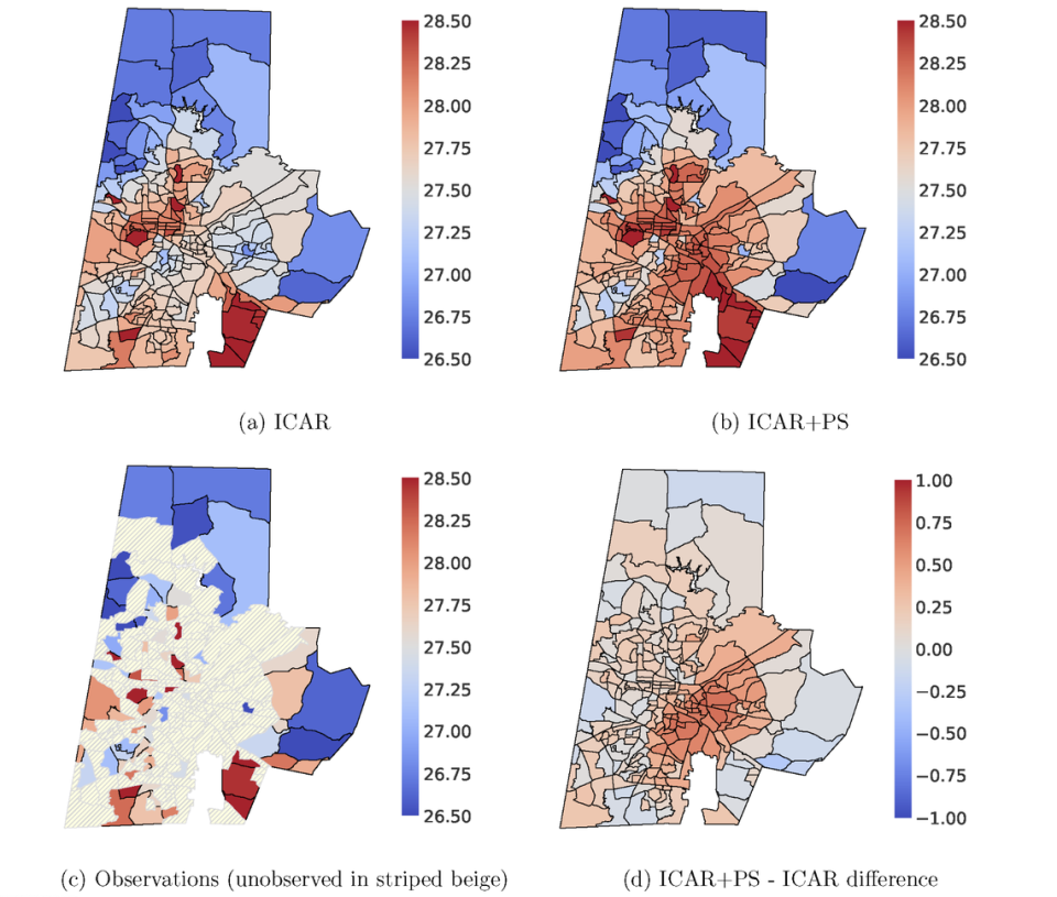 The graphs above represent the data that researchers collected and adjusted across Durham County. a) This is the baseline map researchers used that accounts for wind patterns but does not correct for availability of personal weather stations. b) This map includes estimates that correct for availability of personal weather stations. c) This map shows the average observed temperature in each region. d) This map highlights the degree difference in Celsius between the measured temperatures and temperatures that were estimated by researchers.