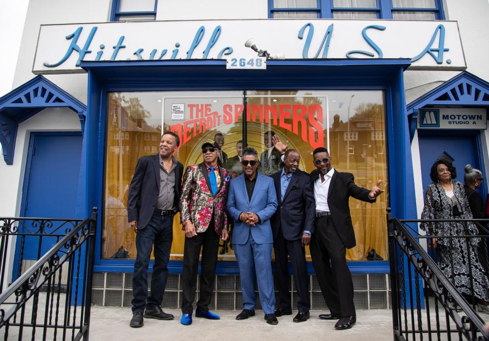 From left, Spinners members Marvin Taylor, G.C. Cameron, Ronnie Moss, Henry Fambrough and Jessie Peck at the Motown Museum in Detroit on Friday, May 19, 2023.