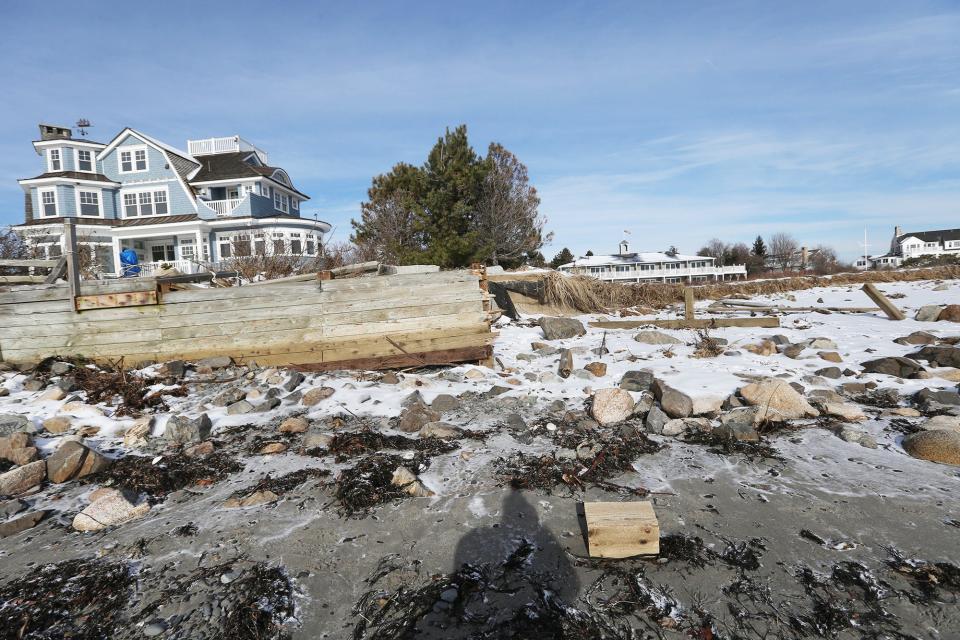 A seawall, which stretches along portions of Kennebunk Beach, was destroyed along with the sand dunes behind it during January's storms.