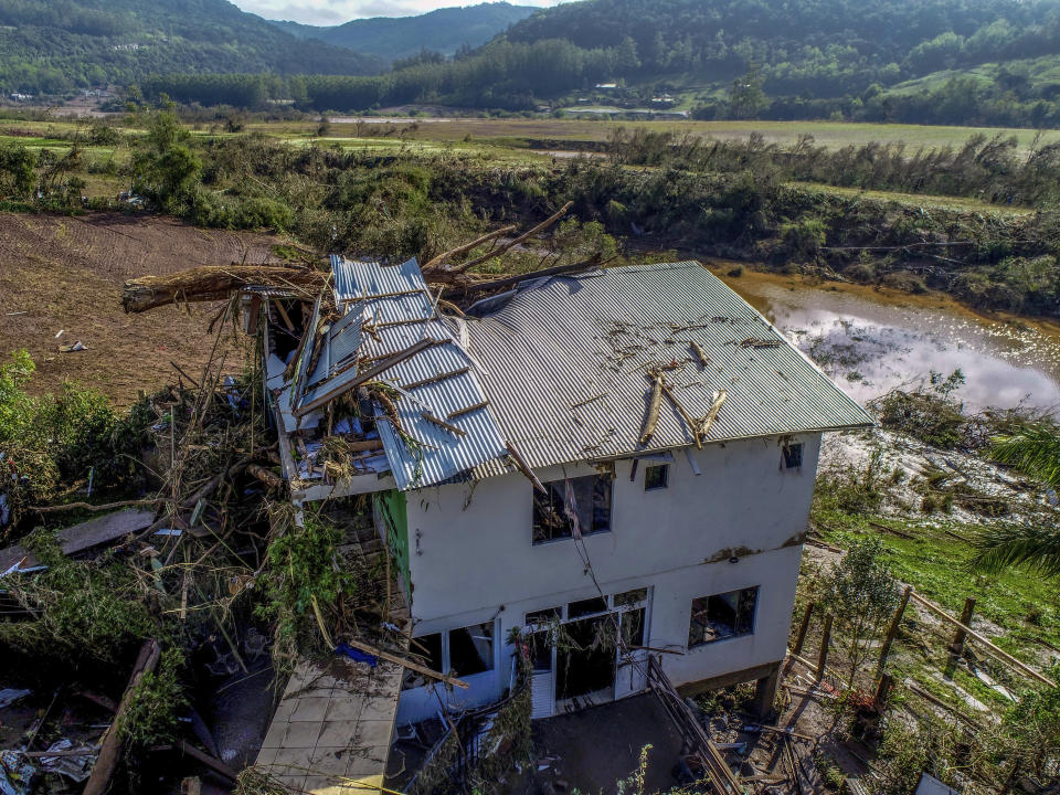 A home stands destroyed by a deadly cyclone in Mucum, Rio Grande do Sul state, Brazil, Wednesday, Sept. 6, 2023. An extratropical cyclone in southern Brazil caused floods in several cities. (AP Photo/Wesley Santos)