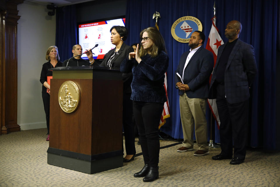 District of Columbia Mayor Muriel Bowser speaks at a news conference in Washington on Saturday, March 7, 2020, to announce the first presumptive positive case of the COVID-19 coronavirus. (AP Photo/Patrick Semansky)