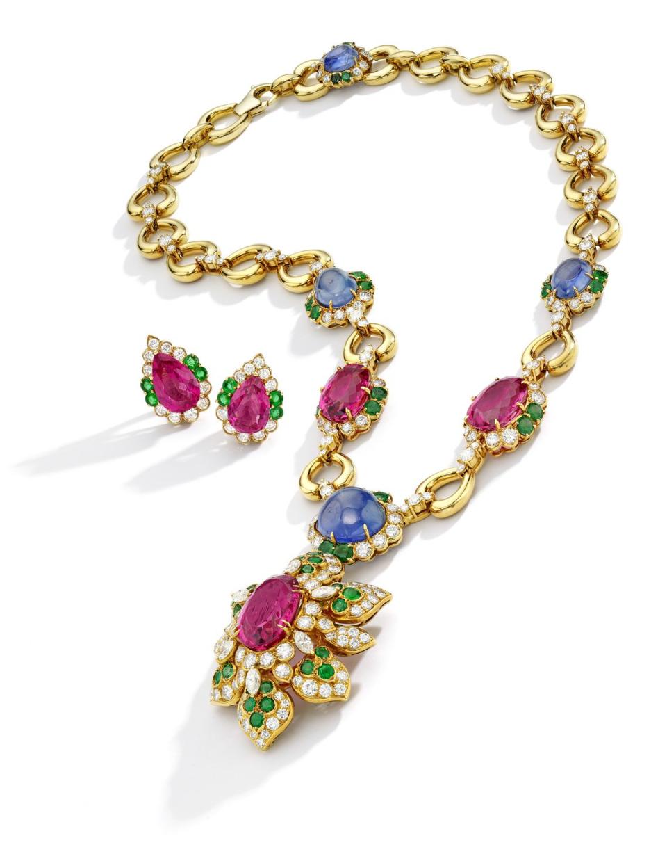 <p>Also up for auction at Sotheby's were selections from the collection of Happy Rockefeller, Nelson Rockefeller's second wife, including a pink tourmaline, sapphire, emerald, and diamond pendant necklace and earclips, by Van Cleef & Arpels.</p>