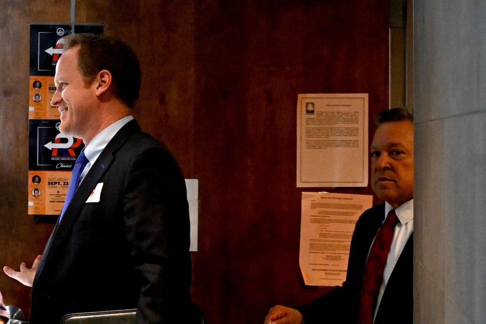 John Esposito, right, and Brian Tevis, left, lawyers of Rudy Giuliani, former attorney to former President Donald Trump, leave the District Attorney's Office at the Fulton County Government Center in Atlanta, Georgia, on August 23, 2023.