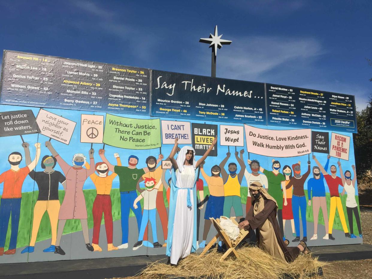 A church in Southern California places its nativity scene amongst a Black Lives Matter protest. (Photo: Claremont United Methodist Church)