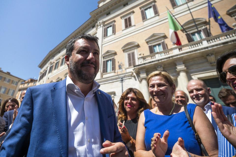 Italian Deputy-Premier and Interior Minister, Matteo Salvini walks outside the lower chamber in Rome, Wednesday, Aug. 21, 2019. Italy could see elections as early as this fall after Italian Premier Giuseppe Conte resigned amid the collapse of the 14-month-old populist government. Matteo Salvini's right-wing League party sought a no-confidence vote against Conte earlier this month, a stunningly bold move for the government's junior coalition partner. (Angelo Carconi/ANSA via AP)
