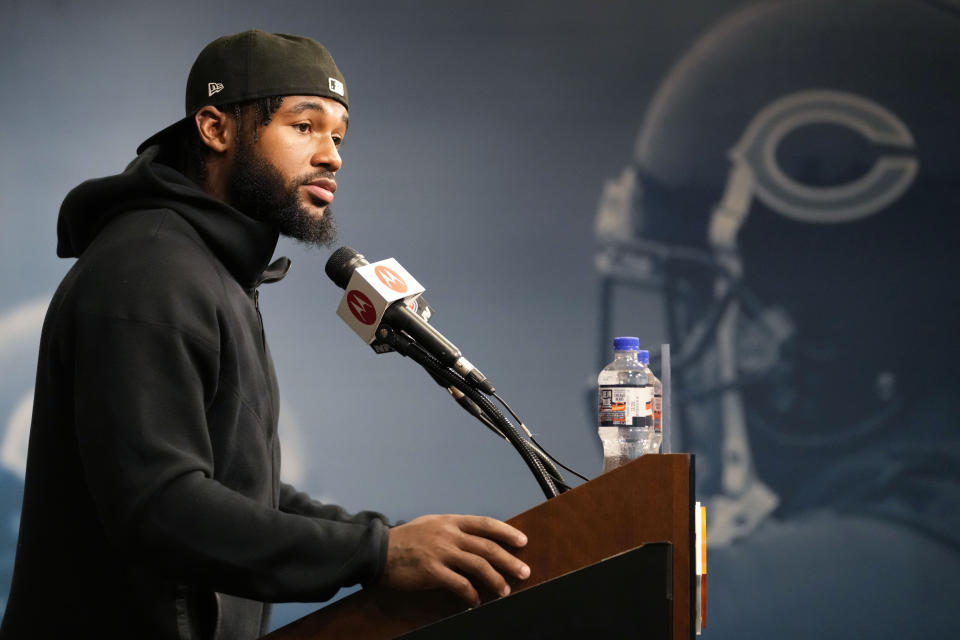 Chicago Bears running back D'Andre Swift speaks at a news conference after NFL football practice in Lake Forest, Ill., Friday, May 31, 2024. (AP Photo/Nam Y. Huh)