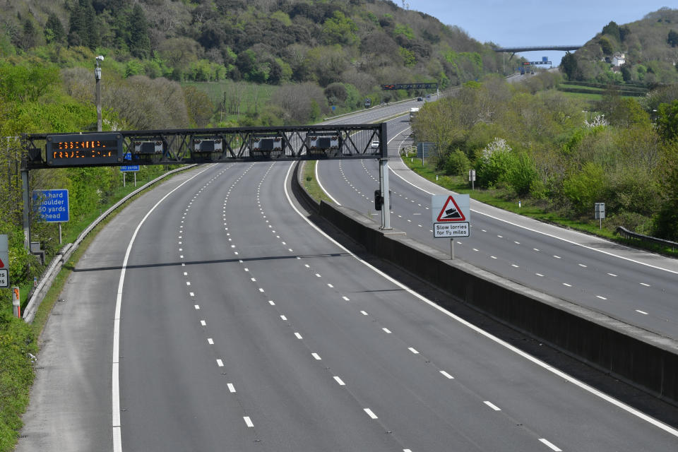 A deserted M5 motorway near Clevedon on Easter Bank Holiday Monday at midday, as the UK continues in lockdown to help curb the spread of the coronavirus.