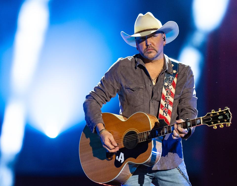 Jason Aldean performs at the CMT Awards concert in front of the University of Texas Tower on April 3.