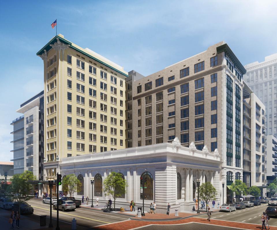 A rendering shows what the restored Laura Street Trio would look like at the intersection of Laura Street and Forsyth Street.