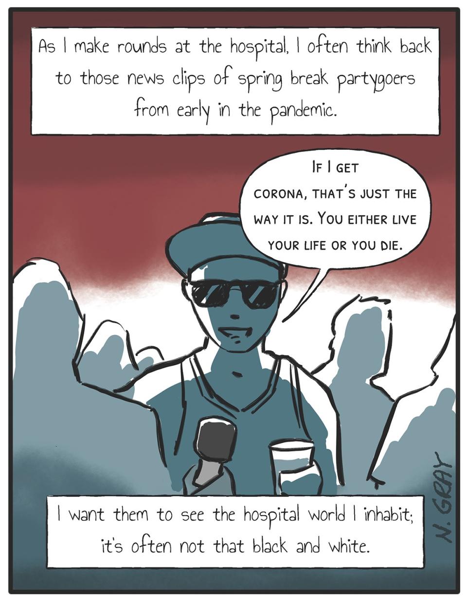 A series of nine Nathan Gray panels on medical purgatory in the time of the COVID-19 pandemic