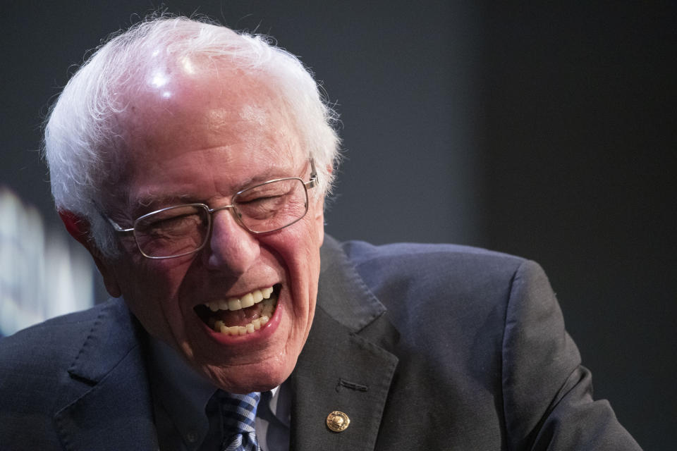 Democratic presidential candidate Sen. Bernie Sanders, I-Vt., reacts as a member of the audience asks him a question during the Politics & Eggs at Saint Anselm College New Hampshire Institute of Politics, Friday, Feb. 7, 2020, in Manchester, N.H. (AP Photo/Mary Altaffer)