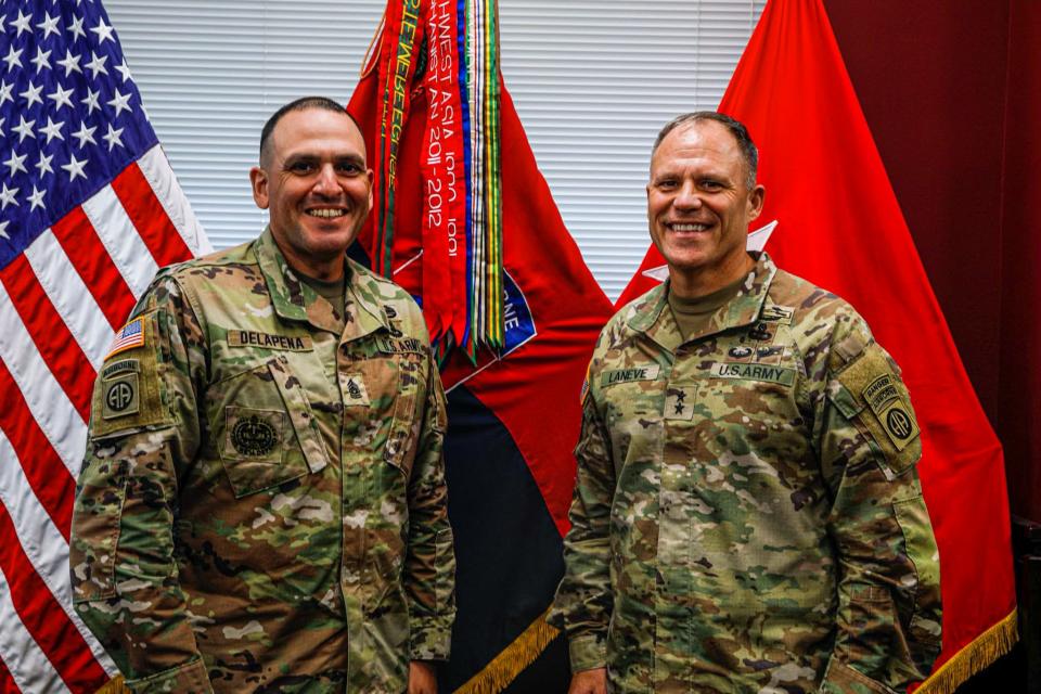 Maj. Gen. Christopher LaNeve, right, has led the 82nd Airborne Divison since March 2022. Command Sgt. Maj. Randolph Delapena joined the command team Feb. 10, 2023. LeNeve's promotion is stalled in a fight over abortions rights in the Senate.