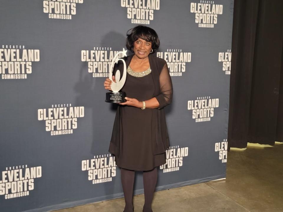 Renee Powell poses backstage for a photo with her Lifetime Achievement Award, which she received at the 24th Greater Cleveland Sports Awards, Tuesday, Jan. 23, 2024. The Canton native is the first woman recipient of the award,