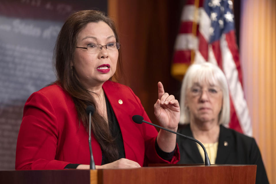 Sen. Tammy Duckworth speaks about a bill to establish federal protections for IVF as Sen. Patty Murray listens during a press event on Capitol Hill on Tuesday, Feb. 27, 2024. / Credit: Mark Schiefelbein / AP