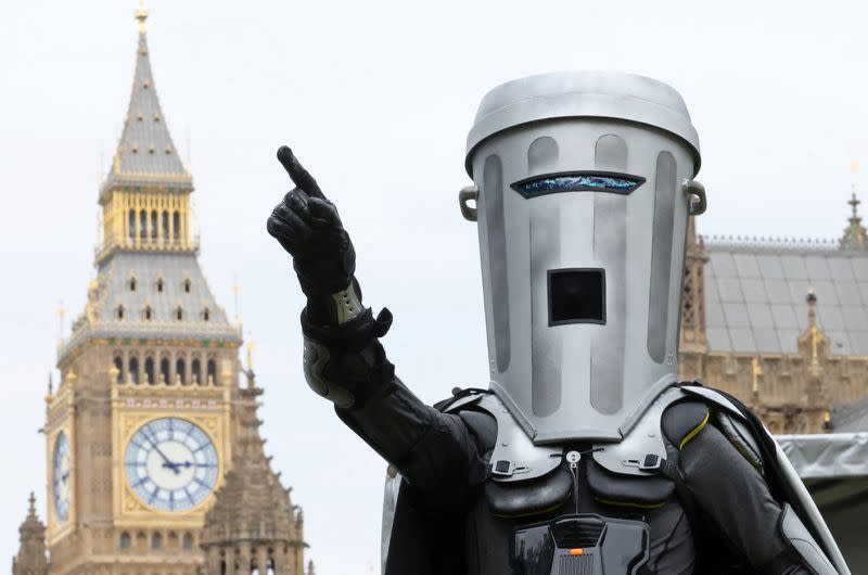 Satirical 'Count Binface' poses during interview with Reuters, ahead of challenge to UK PM Sunak for parliament seat in general election, in London