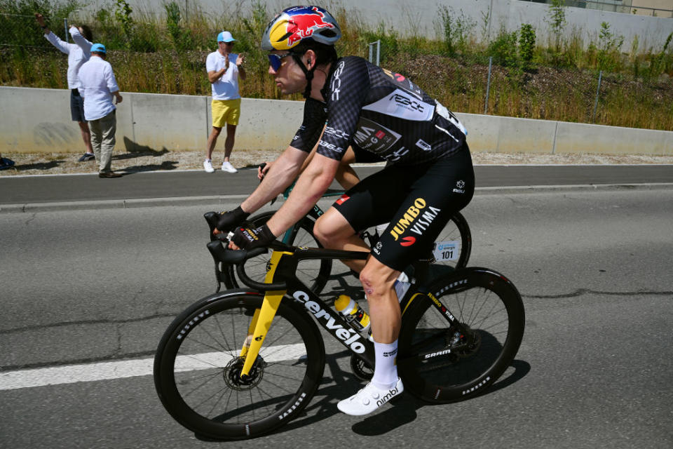 NOTTWIL SWITZERLAND  JUNE 12 Wout Van Aert of Belgium and Team JumboVisma  Black points jersey competes during the 86th Tour de Suisse 2023 Stage 2 a 1737km stage from Beromnster to Nottwil  UCIWT  on June 12 2023 in Nottwil Switzerland Photo by Dario BelingheriGetty Images