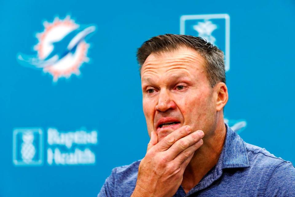 Former Miami Dolphins linebacker and Class of 2023 Pro Football Hall of Fame Zach Thomas speaks with the media before NFL football training camp at Baptist Health Training Complex in Hard Rock Stadium on Sunday, July 30, 2023 in Miami Gardens, Florida.