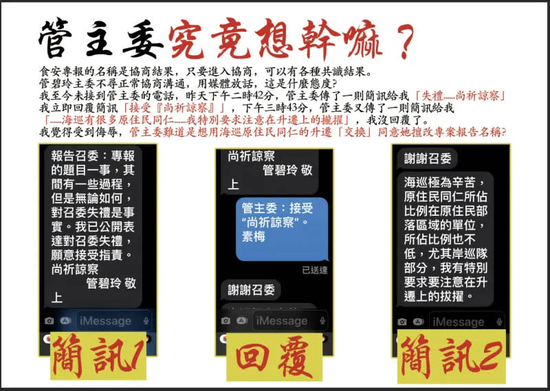 ▲ 高金素梅爆料，管碧玲傳簡訊暗示條件交換。（圖／翻攝高金素梅臉書）