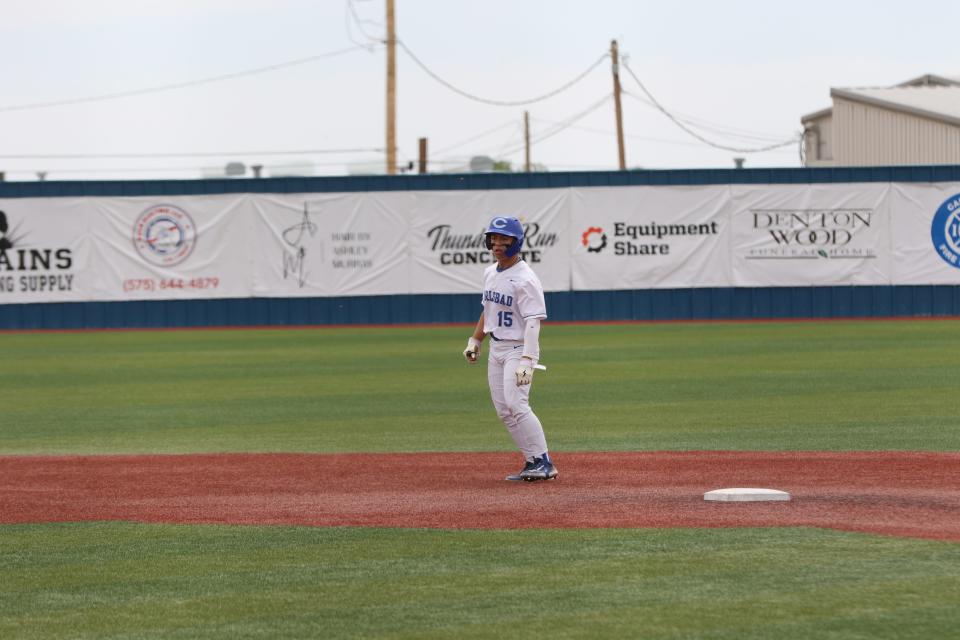 Carlsbad's Aden Quintela takes a lead off second base during the May 5, 2023 state playoff game against Albuquerque Cibola in Carlsbad. The Cavemen swept the opening round series.