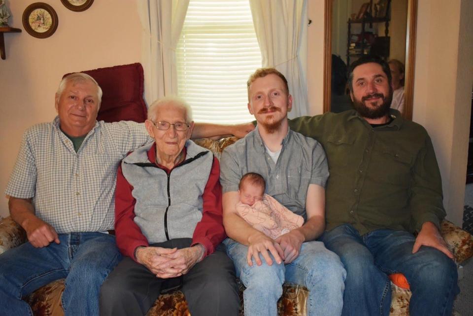 One hundred years separate Tony Picciuto and his great-great-granddaughter Vera Picciuto, who was born in May. Shortly after her birth, five generations of Picciutos posed for this family photo. Shown are, from left, Tony’’s son Paul Picciuto, Tony, Tony’s great-grandson Trent holding Vera, and Tony’s grandson Nick.