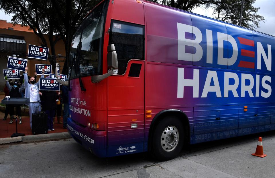 Biden-Harris campaign bus arrives in Abilene, Texas, on Oct. 28, 2020.