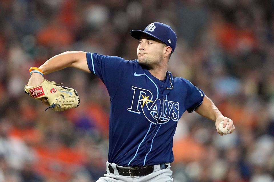 Tampa Bay Rays starting pitcher Shane McClanahan throws against the Houston Astros during the first inning of a baseball game Saturday, Oct. 1, 2022, in Houston. (AP Photo/David J. Phillip)