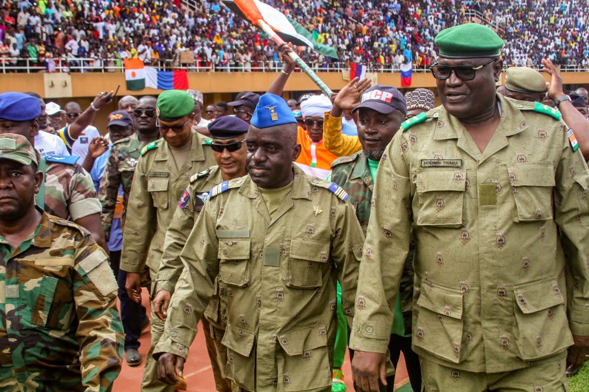 Members of the military council that staged a coup in Niger, pictured here at the weekend in Niamey (Reuters)