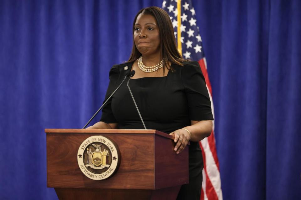 PHOTO: Attorney General Letitia James speaks during a press conference following a verdict against former U.S. President Donald Trump in a civil fraud trial on February 16, 2024 in New York City. (Michael M. Santiago/Getty Images)