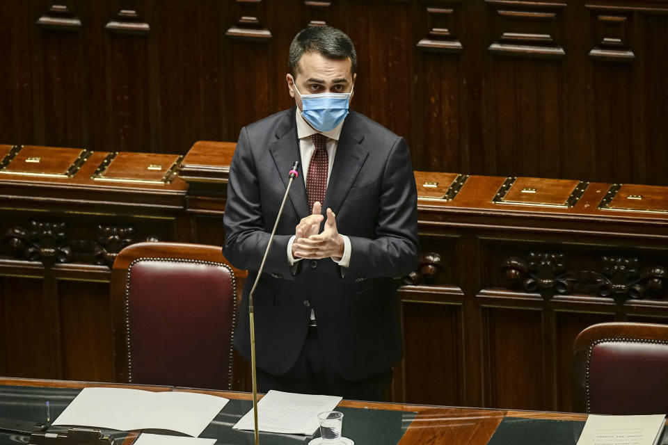 Italian Foreign Minister Luigi Di Maio addresses the Lower Chamber of Parliament on Monday's killing in the Democratic Republic of Congo of the Italian ambassador Luca Attanasio, an Italian Carabinieri police officer and their driver, in Rome, Wednesday, Feb. 24, 2021. (Filippo Monteforte/Pool Photo via AP)