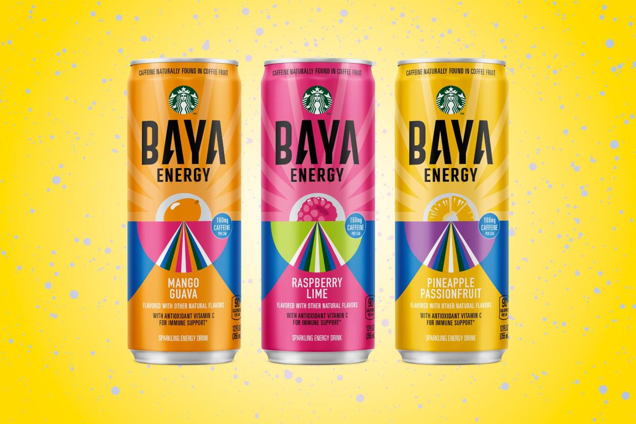 3 cans of Starbucks Energy Drink Baya on a designed background
